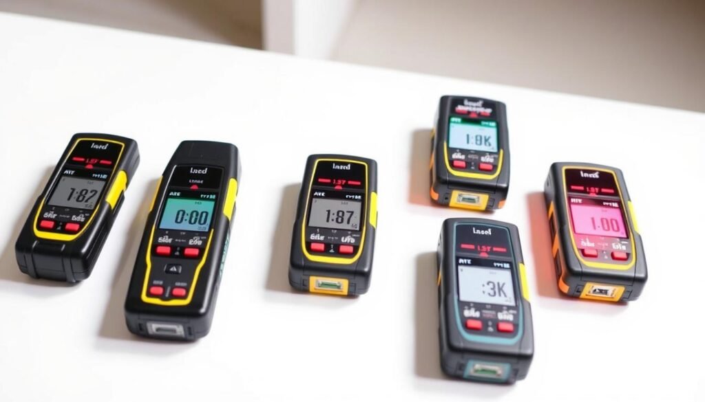 A collection of the best laser tape measures reviewed in the article, arranged to show their relative sizes and display screens