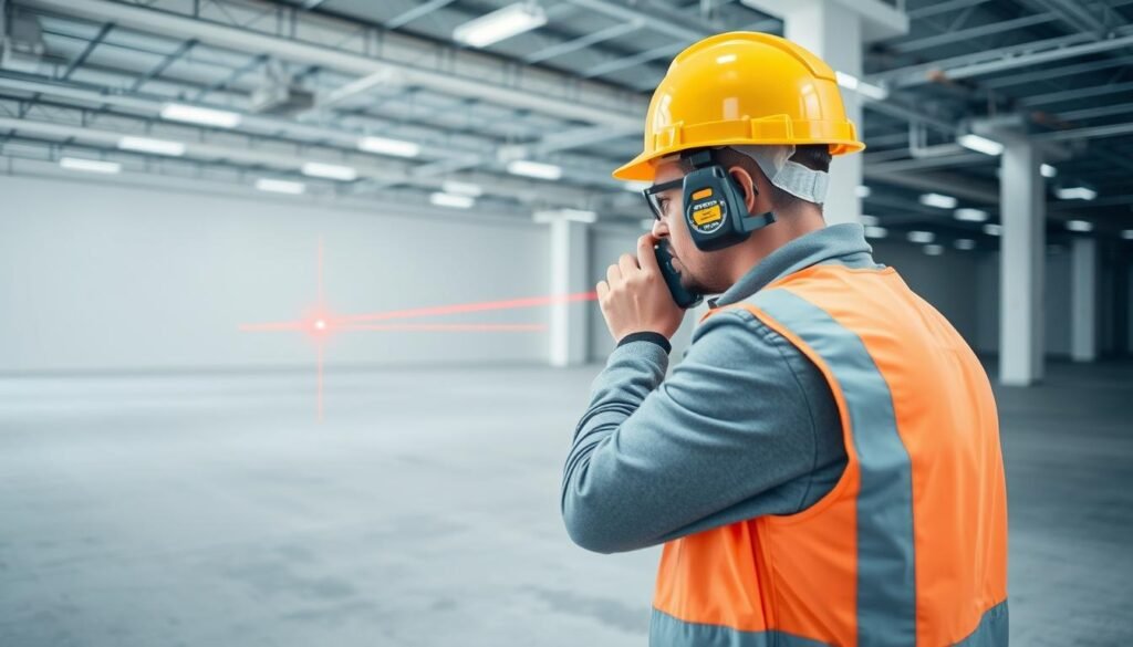 A contractor using a laser tape measure to measure a large room, demonstrating the extended range capabilities of modern laser measuring tools