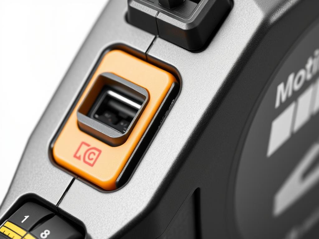 Close-up of a laser tape measure with USB-C charging port, highlighting the modern rechargeable battery technology in newer models