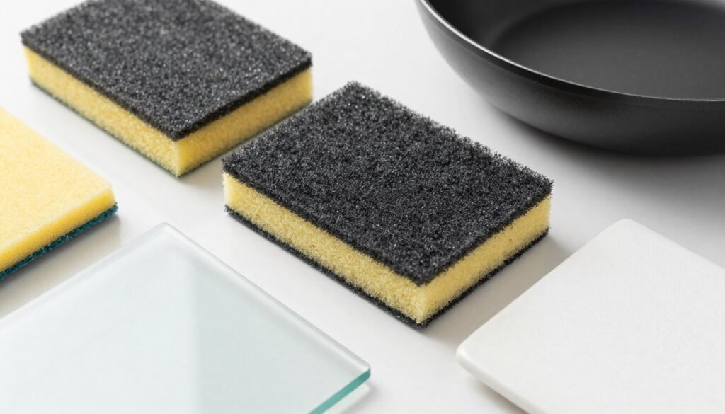 Various non-scratch scouring pads being used on different kitchen surfaces
